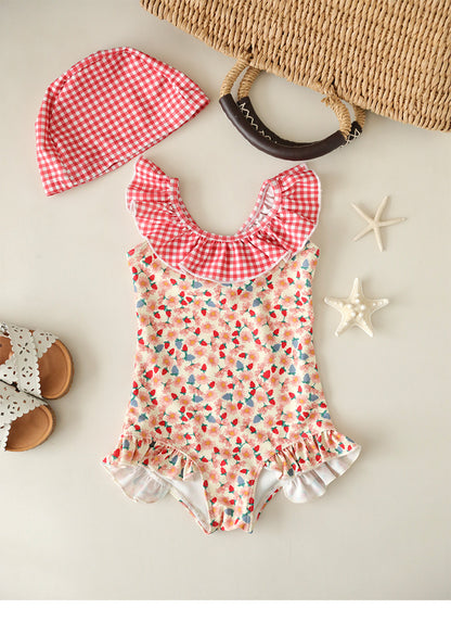 UPF50 Plus Floral Gingham Ruffled One-piece 花柄 ギンガムチェック 水着【mh0012599】