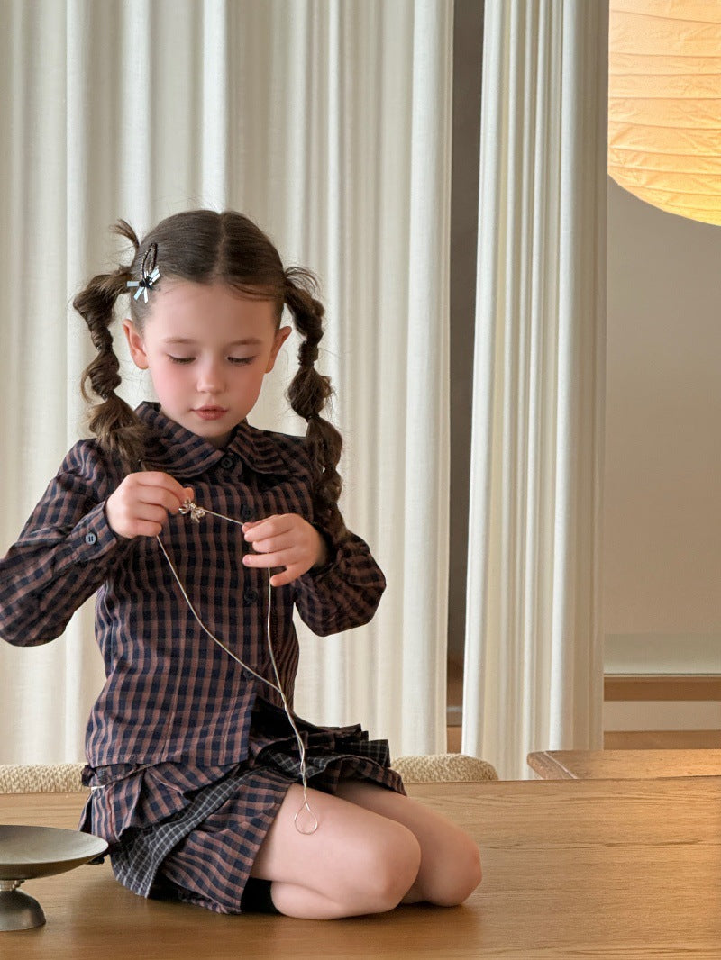 Kids' Plaid Button-Up Long-Sleeve Shirt and Colorblock Tiered Mini Skirt Set [mh0014085]