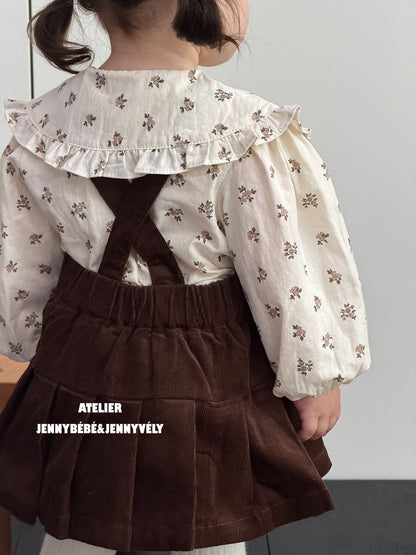 ベビー キッズ 小花柄 長袖ブラウス コーデュロイ サスペンダー プリーツスカートブルマ【mh0014678】