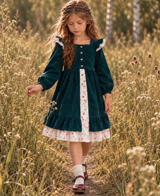 Vestido princesa lolita de pana con flores y bloques de color para niña, primavera/otoño 2027, estilo JK de dos piezas falso【mh0014745】