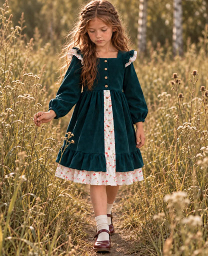 Vestido princesa lolita de pana con flores y bloques de color para niña, primavera/otoño 2027, estilo JK de dos piezas falso【mh0014745】