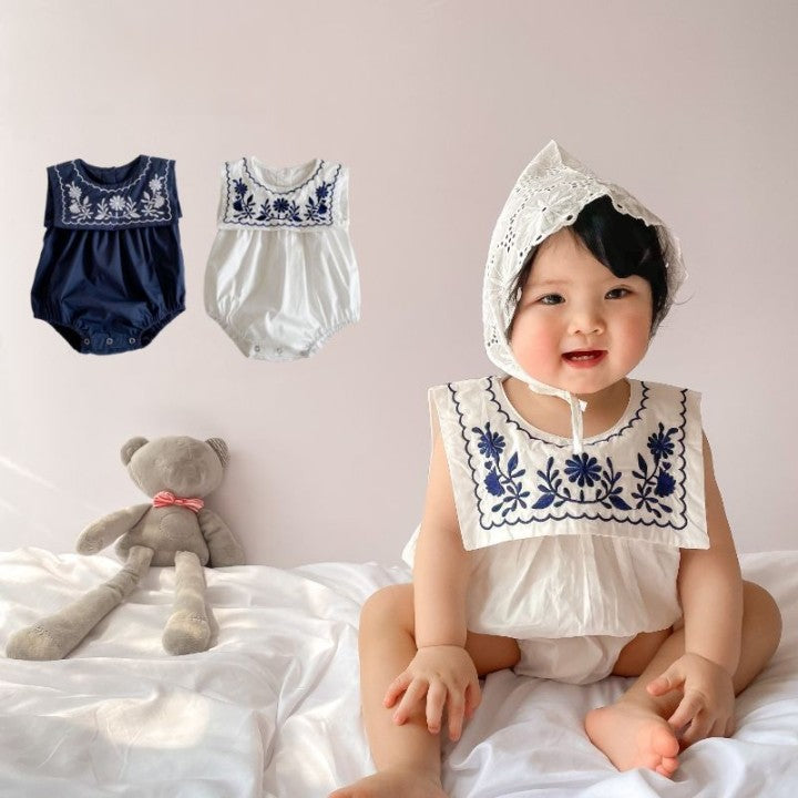 -☺︎ ベビーロンパース ノースリーブボディスーツ フラワー刺繍襟 2カラー - mamahalo shop - ノースリーブロンパース -  べビー服 - 子供服 - 男の子 - 女の子