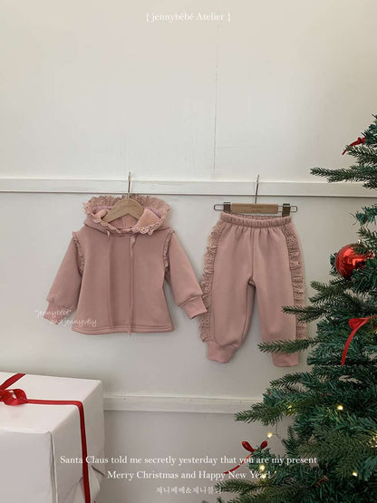 長袖セットアップ 長袖セットアップ レースフリル フード付きスウェット ジョガーパンツ 2点セット 裏起毛【mh0011530】