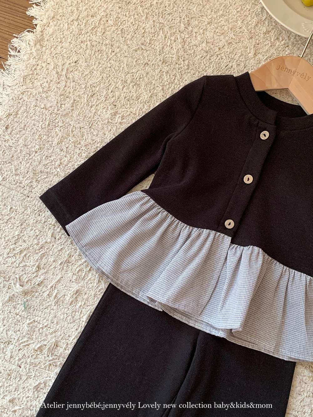 長袖セットアップ 長袖セットアップ ニットカーディガン ペプラム ギンガムチェック ワイドパンツ 2点セット【mh0011531】