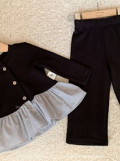 長袖セットアップ 長袖セットアップ ニットカーディガン ペプラム ギンガムチェック ワイドパンツ 2点セット【mh0011531】