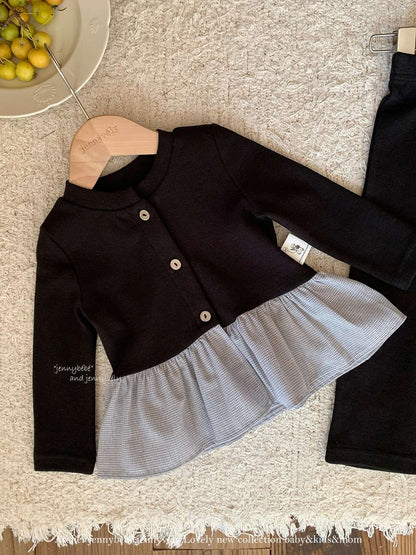 長袖セットアップ 長袖セットアップ ニットカーディガン ペプラム ギンガムチェック ワイドパンツ 2点セット【mh0011531】