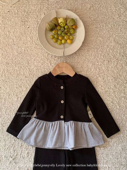 長袖セットアップ 長袖セットアップ ニットカーディガン ペプラム ギンガムチェック ワイドパンツ 2点セット【mh0011531】