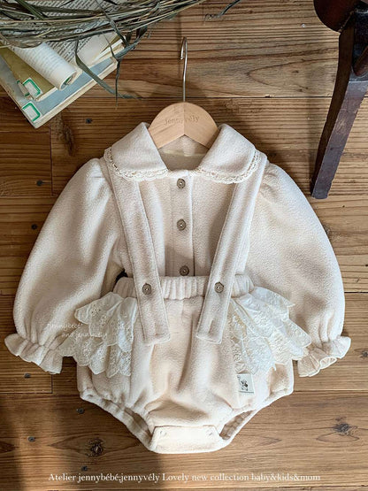 長袖セットアップ 長袖セットアップ フリース素材 丸襟ブラウス フリルかぼちゃパンツ 2点セット 防寒【mh0011532】