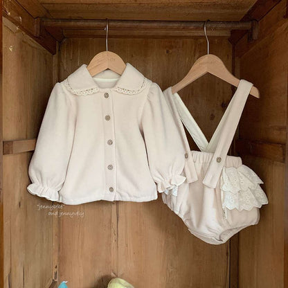 長袖セットアップ 長袖セットアップ フリース素材 丸襟ブラウス フリルかぼちゃパンツ 2点セット 防寒【mh0011532】