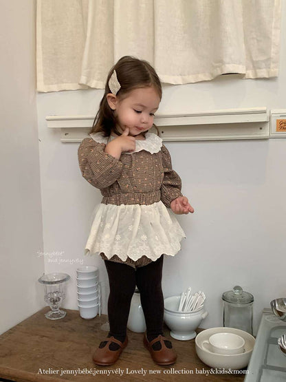 長袖セットアップ 長袖セットアップ チェック小花柄 ブラウス サスペンダー付きブルマ 2点セット【mh0011535】