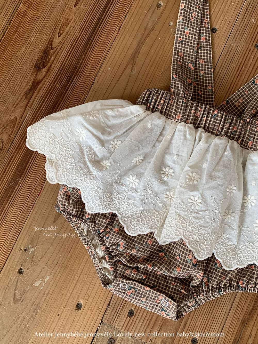 長袖セットアップ 長袖セットアップ チェック小花柄 ブラウス サスペンダー付きブルマ 2点セット【mh0011535】