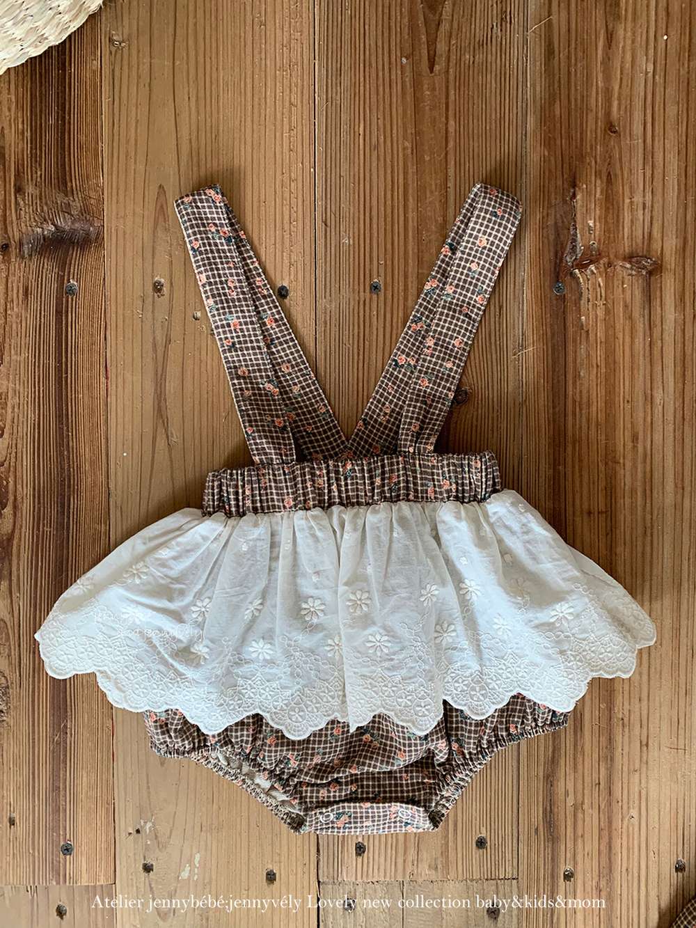 長袖セットアップ 長袖セットアップ チェック小花柄 ブラウス サスペンダー付きブルマ 2点セット【mh0011535】