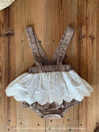 長袖セットアップ 長袖セットアップ チェック小花柄 ブラウス サスペンダー付きブルマ 2点セット【mh0011535】