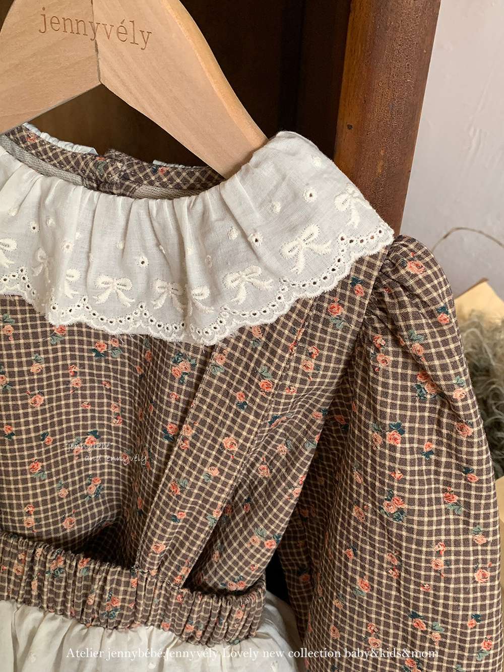 長袖セットアップ 長袖セットアップ チェック小花柄 ブラウス サスペンダー付きブルマ 2点セット【mh0011535】