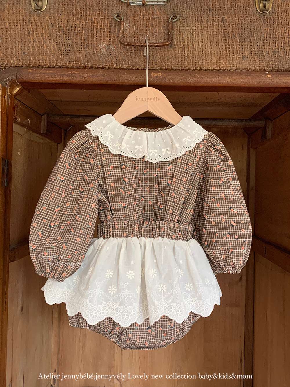 長袖セットアップ 長袖セットアップ チェック小花柄 ブラウス サスペンダー付きブルマ 2点セット【mh0011535】