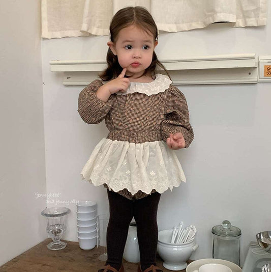 長袖セットアップ 長袖セットアップ チェック小花柄 ブラウス サスペンダー付きブルマ 2点セット【mh0011535】