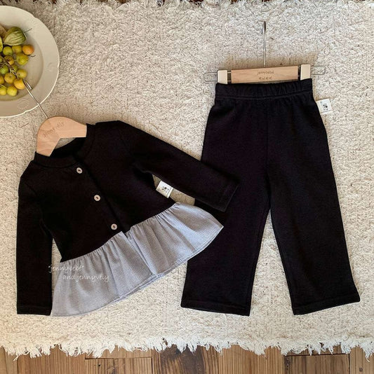 長袖セットアップ Black / 73cm 長袖セットアップ ニットカーディガン ペプラム ギンガムチェック ワイドパンツ 2点セット【mh0011531】