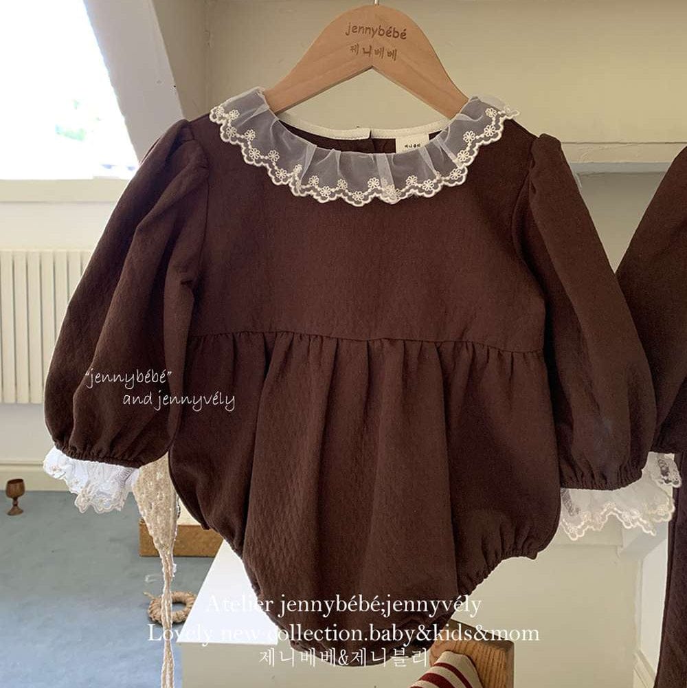 長袖ロンパース Bodysuit / 66cm 長袖ロンパース バルーンシルエット チュールレース襟 フレアデザイン ボディスーツ【mh0011538】