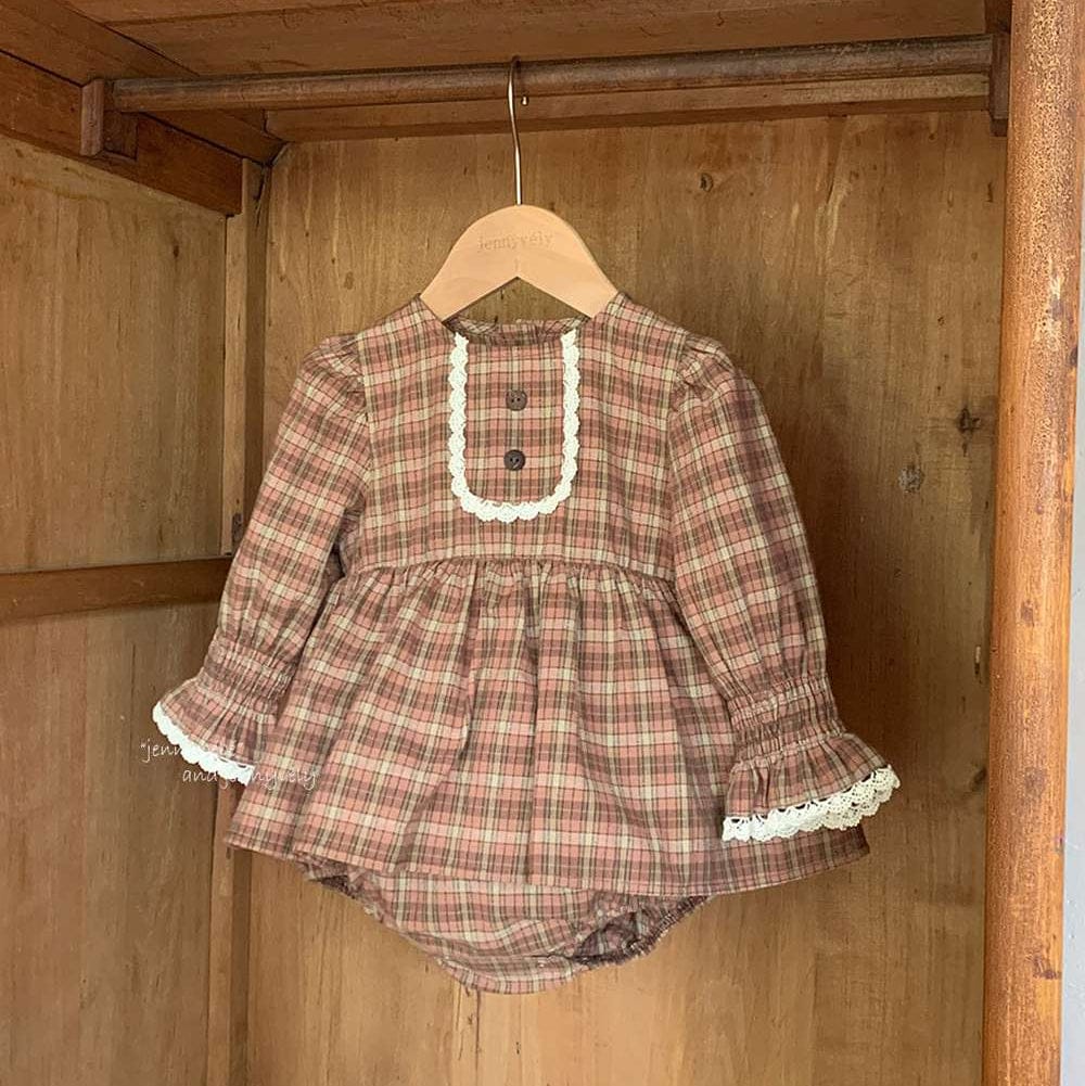 長袖ロンパース Bodysuit / 73CM 長袖ロンパース チェック柄 レースフリル ブラウス風トップス ブルマ ボディスーツ【mh0011537】