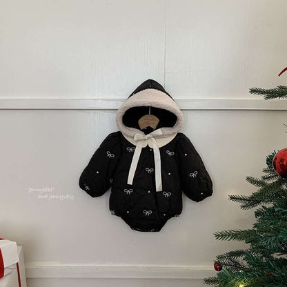 長袖ロンパース Bodysuit + Hat / 66cm 長袖ロンパース リボン刺繍 中綿入り 丸襟 カバーオール 帽子セット 防寒【mh0011542】