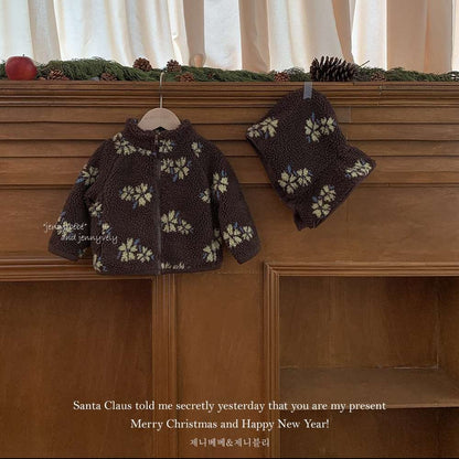 アウタージャンプスーツ Jacket + Hat / 73cm 長袖ジャンプスーツ もこもこボア 花柄 カバーオール 帽子セット 暖かい 防寒【mh0011540】