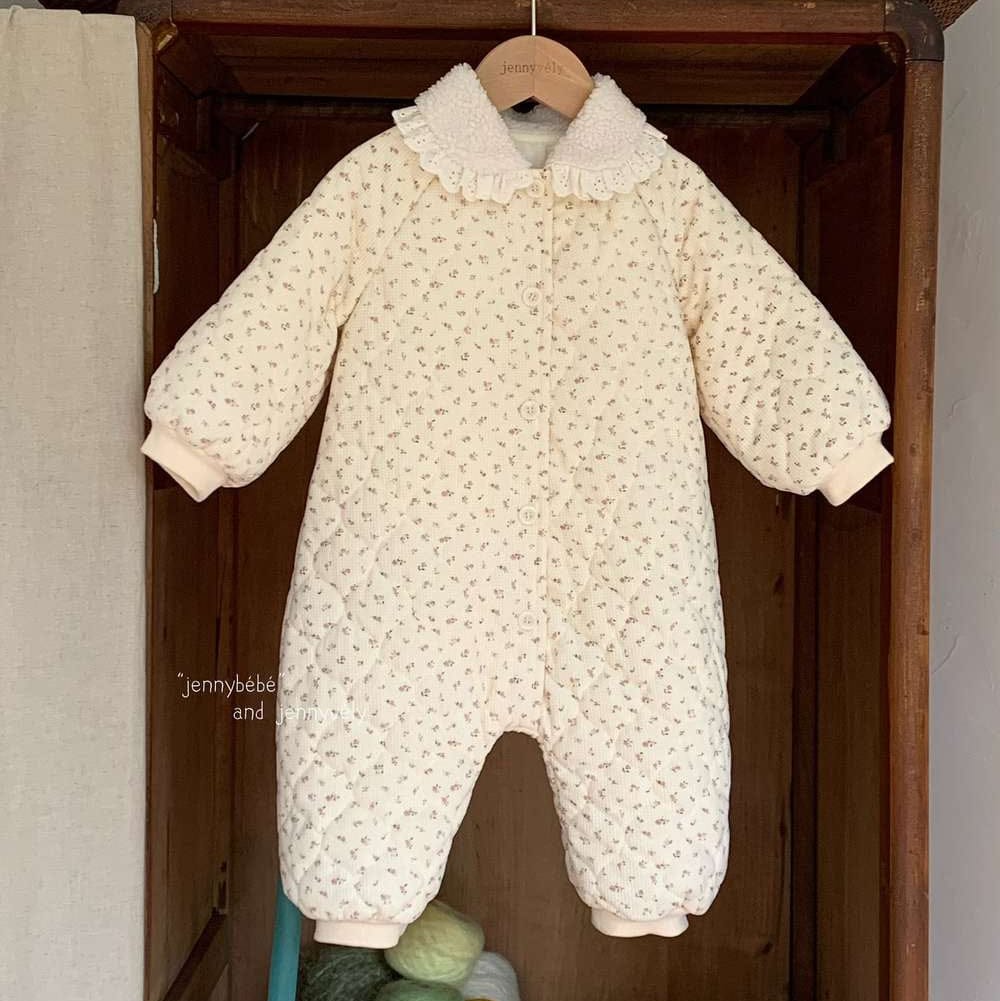 アウタージャンプスーツ Jumpsuit / 73cm 長袖ロンパース キルティング 小花柄 フリル襟 カバーオール 暖かい 防寒着【mh0011529】