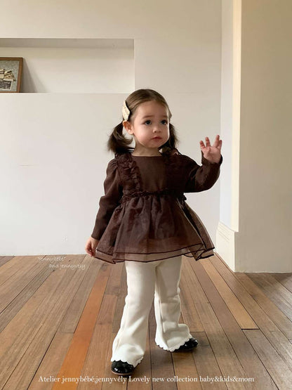 長袖セットアップ チュールレイヤード 長袖トップス 裏起毛 フレアパンツ セットアップ【mh0011527】