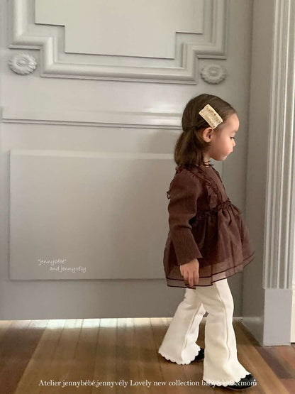 長袖セットアップ チュールレイヤード 長袖トップス 裏起毛 フレアパンツ セットアップ【mh0011527】