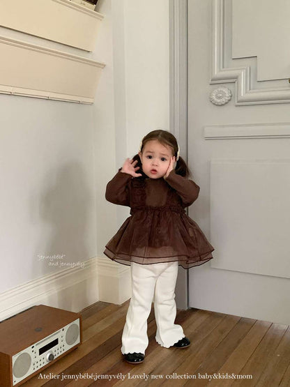 長袖セットアップ チュールレイヤード 長袖トップス 裏起毛 フレアパンツ セットアップ【mh0011527】