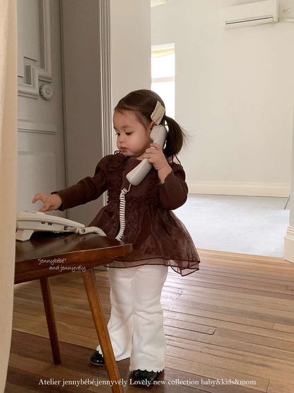 長袖セットアップ チュールレイヤード 長袖トップス 裏起毛 フレアパンツ セットアップ【mh0011527】