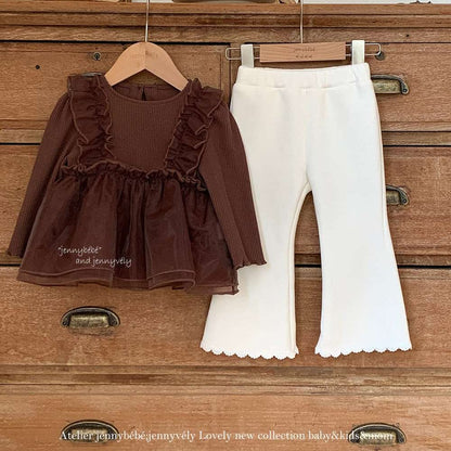 長袖セットアップ チュールレイヤード 長袖トップス 裏起毛 フレアパンツ セットアップ【mh0011527】