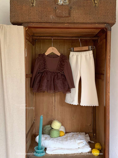 長袖セットアップ チュールレイヤード 長袖トップス 裏起毛 フレアパンツ セットアップ【mh0011527】