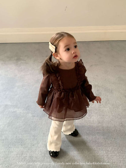 長袖セットアップ チュールレイヤード 長袖トップス 裏起毛 フレアパンツ セットアップ【mh0011527】