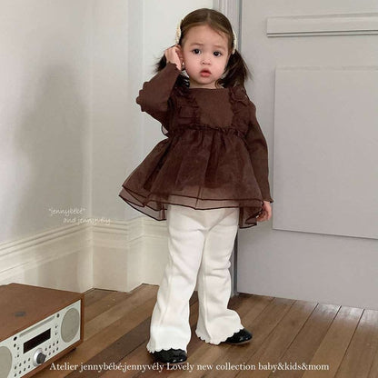 長袖セットアップ チュールレイヤード 長袖トップス 裏起毛 フレアパンツ セットアップ【mh0011527】