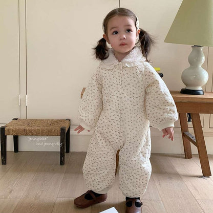 アウタージャンプスーツ 長袖ロンパース キルティング 小花柄 フリル襟 カバーオール 暖かい 防寒着【mh0011529】