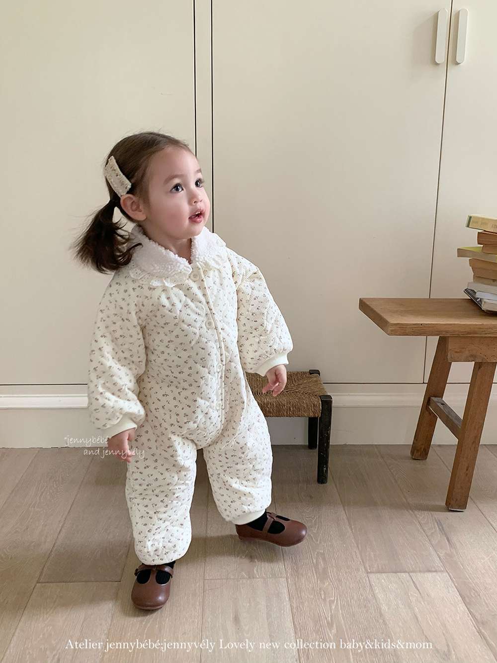 アウタージャンプスーツ 長袖ロンパース キルティング 小花柄 フリル襟 カバーオール 暖かい 防寒着【mh0011529】