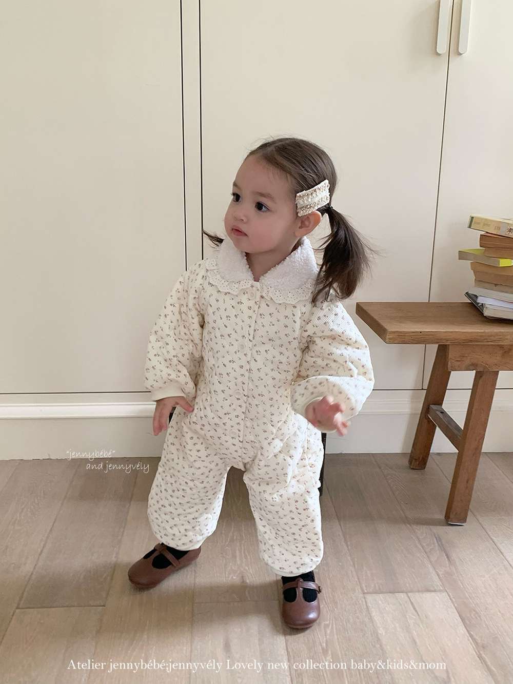 アウタージャンプスーツ 長袖ロンパース キルティング 小花柄 フリル襟 カバーオール 暖かい 防寒着【mh0011529】