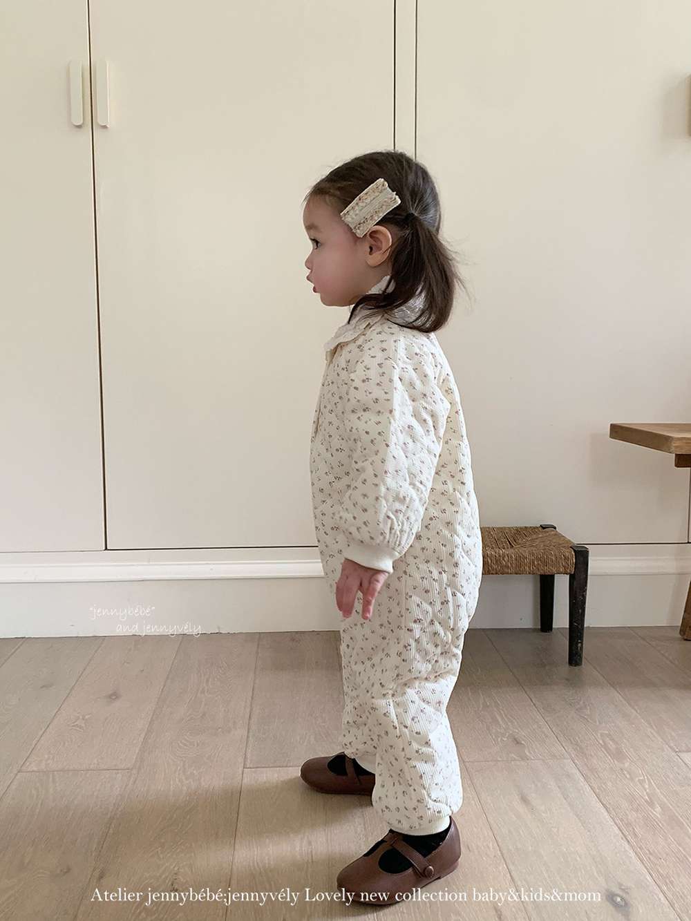 アウタージャンプスーツ 長袖ロンパース キルティング 小花柄 フリル襟 カバーオール 暖かい 防寒着【mh0011529】