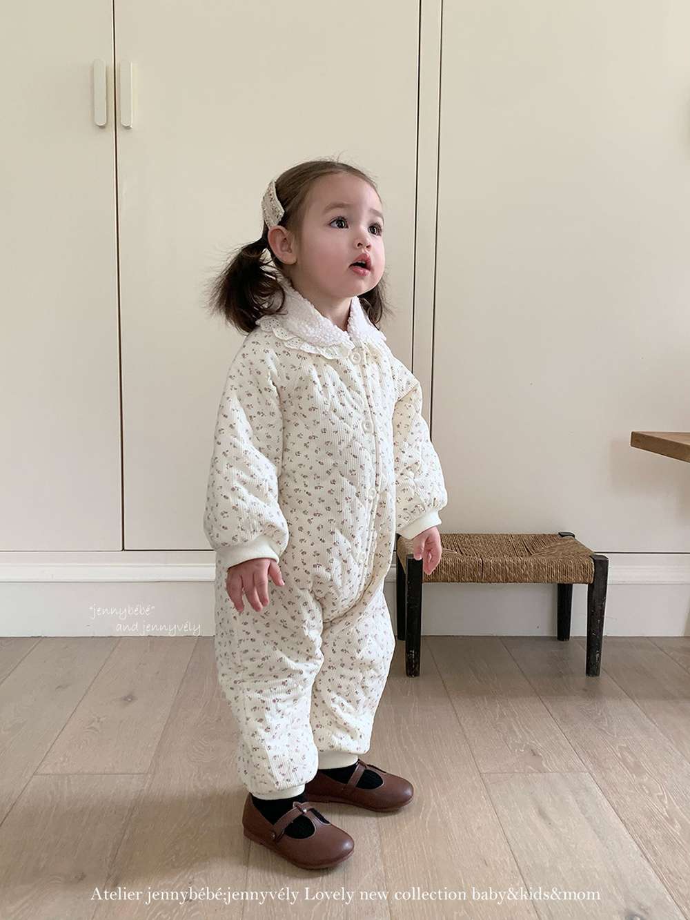 アウタージャンプスーツ 長袖ロンパース キルティング 小花柄 フリル襟 カバーオール 暖かい 防寒着【mh0011529】