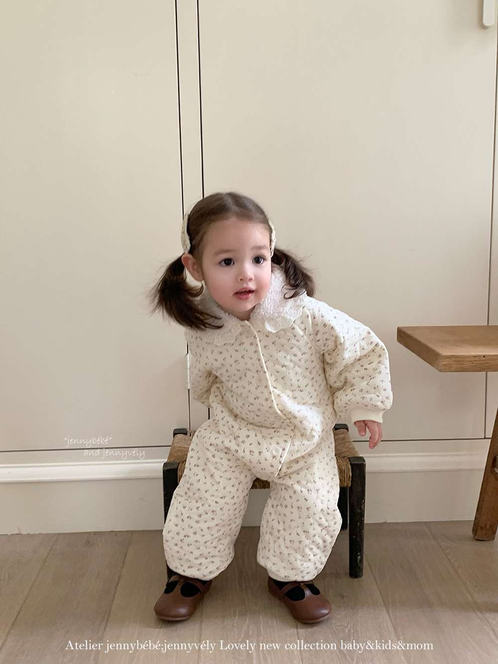 アウタージャンプスーツ 長袖ロンパース キルティング 小花柄 フリル襟 カバーオール 暖かい 防寒着【mh0011529】