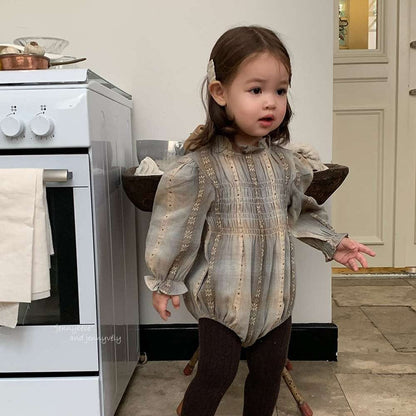 長袖ロンパース 長袖ロンパース スモック刺繍柄 シャーリングネック ギャザー切替 ボディスーツ【mh0011536】