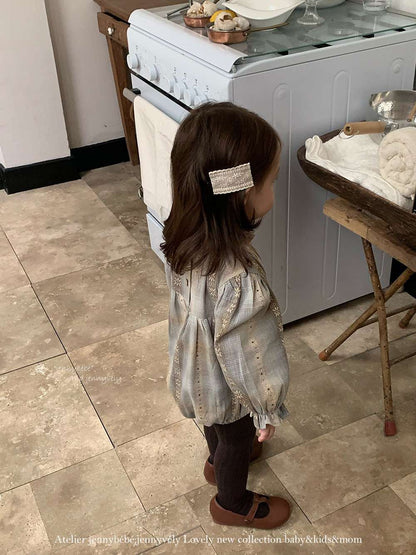 長袖ロンパース 長袖ロンパース スモック刺繍柄 シャーリングネック ギャザー切替 ボディスーツ【mh0011536】