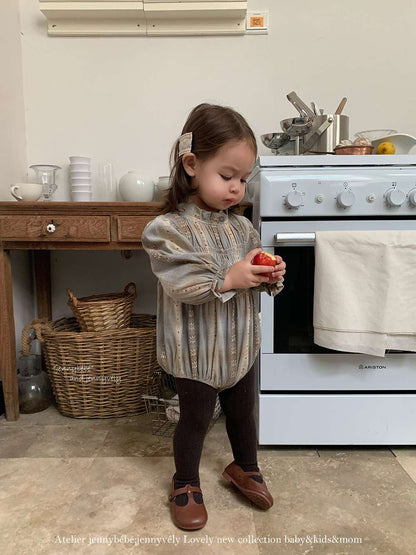 長袖ロンパース 長袖ロンパース スモック刺繍柄 シャーリングネック ギャザー切替 ボディスーツ【mh0011536】