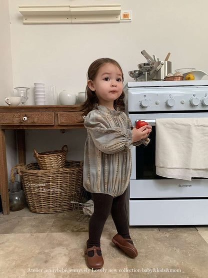 長袖ロンパース 長袖ロンパース スモック刺繍柄 シャーリングネック ギャザー切替 ボディスーツ【mh0011536】