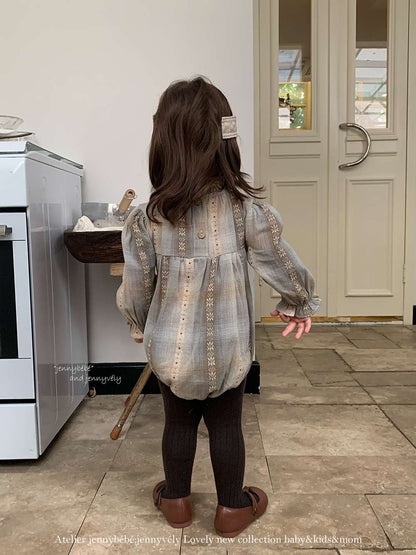 長袖ロンパース 長袖ロンパース スモック刺繍柄 シャーリングネック ギャザー切替 ボディスーツ【mh0011536】