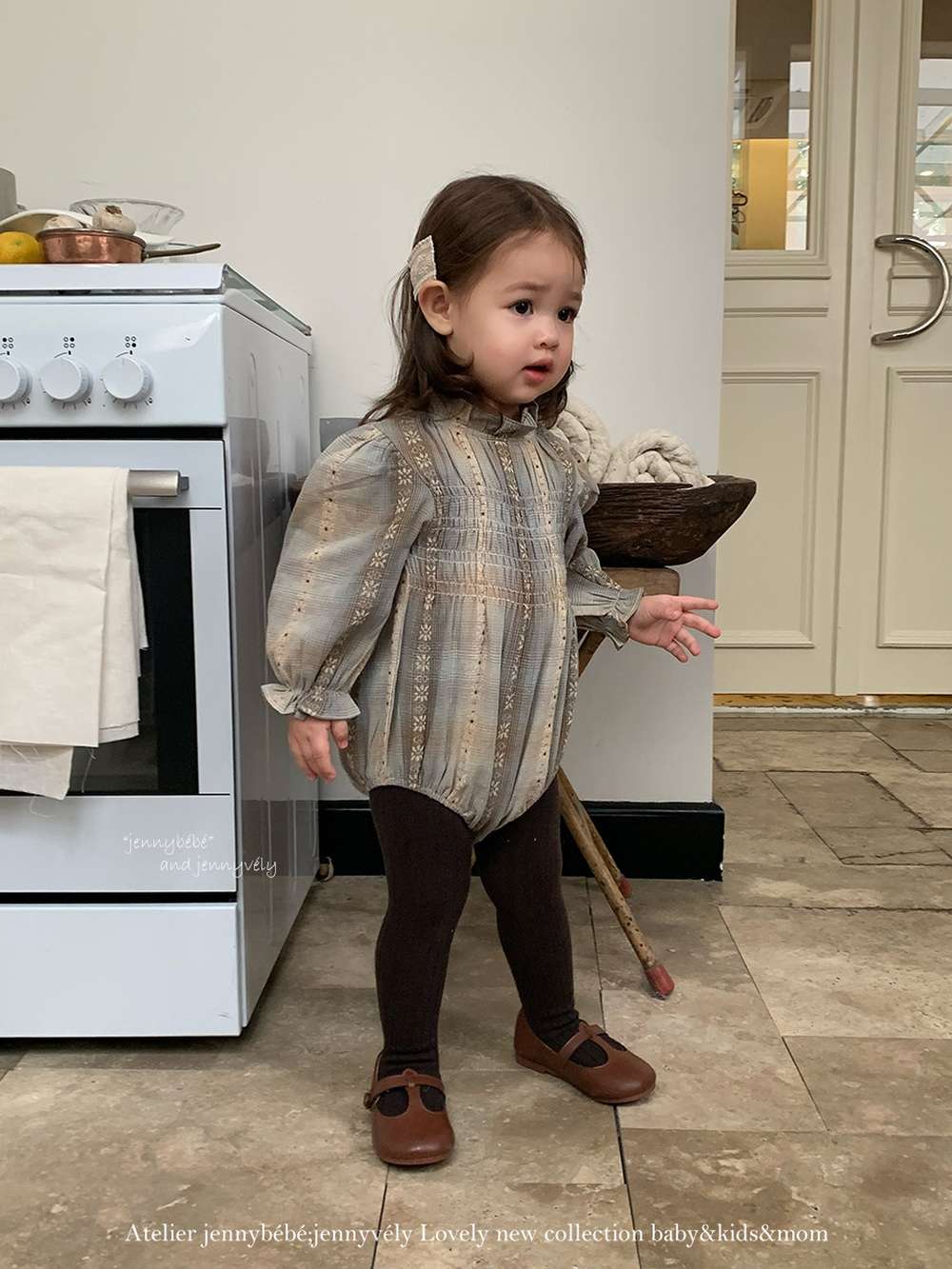 長袖ロンパース 長袖ロンパース スモック刺繍柄 シャーリングネック ギャザー切替 ボディスーツ【mh0011536】