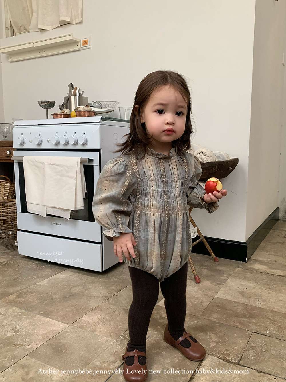 長袖ロンパース 長袖ロンパース スモック刺繍柄 シャーリングネック ギャザー切替 ボディスーツ【mh0011536】