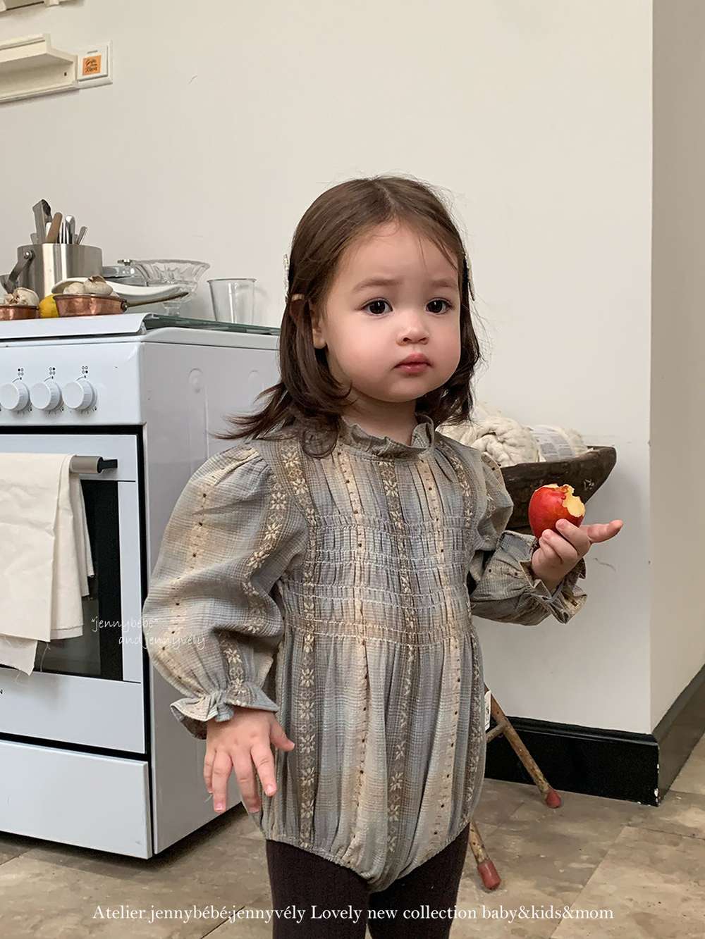 長袖ロンパース 長袖ロンパース スモック刺繍柄 シャーリングネック ギャザー切替 ボディスーツ【mh0011536】