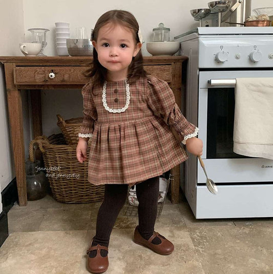 長袖ロンパース 長袖ロンパース チェック柄 レースフリル ブラウス風トップス ブルマ ボディスーツ【mh0011537】