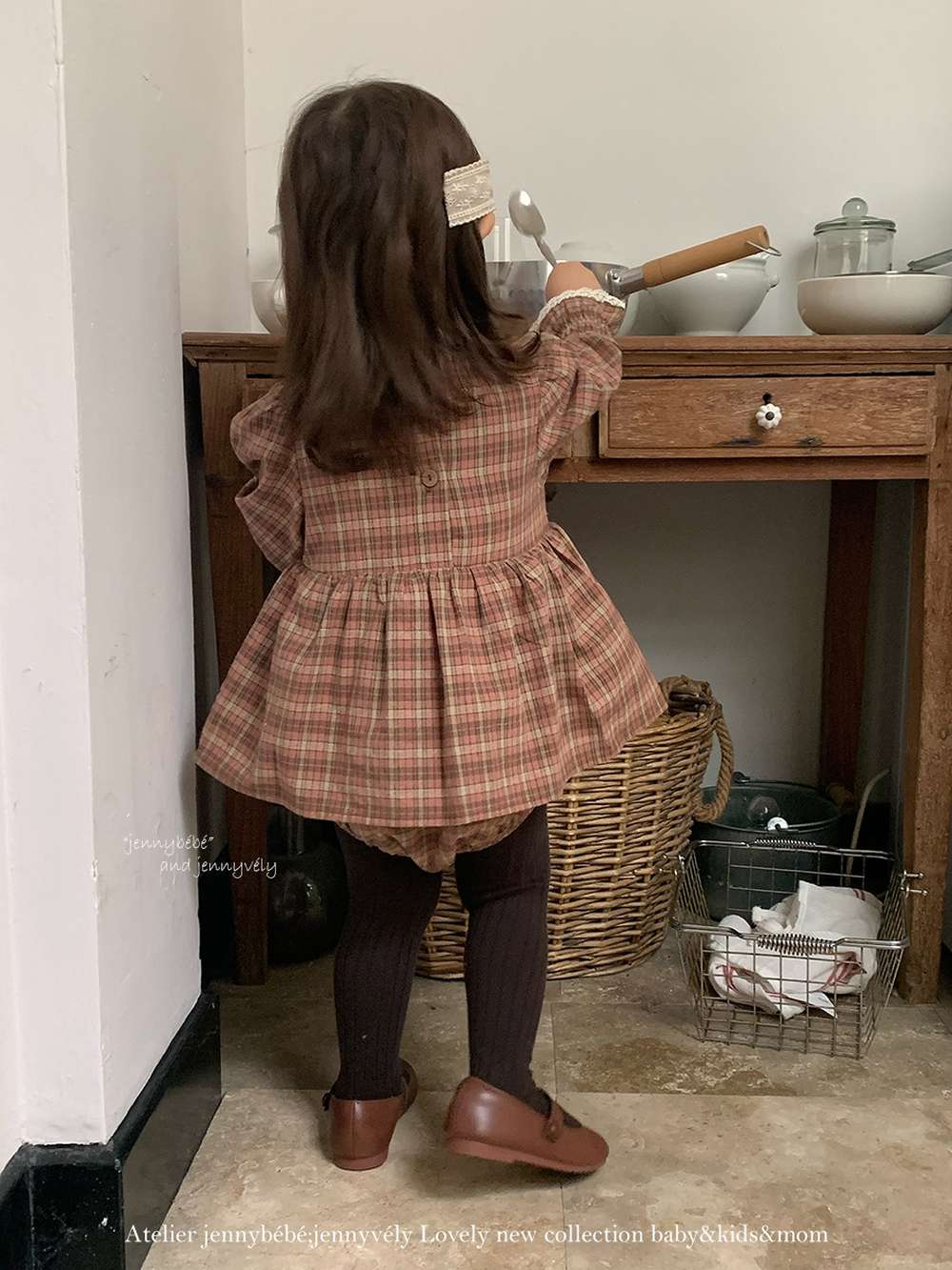 長袖ロンパース 長袖ロンパース チェック柄 レースフリル ブラウス風トップス ブルマ ボディスーツ【mh0011537】